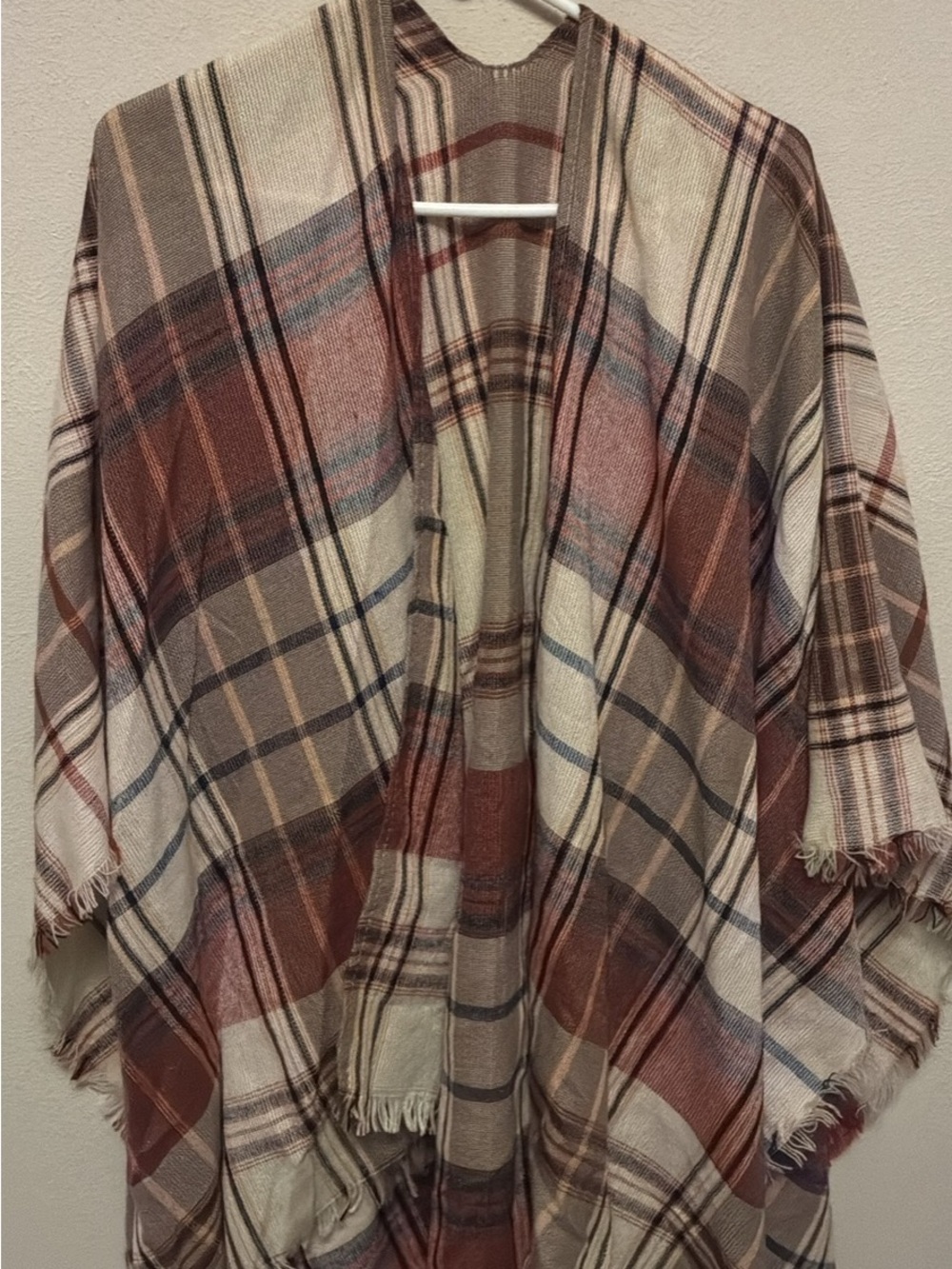 Plaid Open-Front Cape Poncho in Brown & Cream